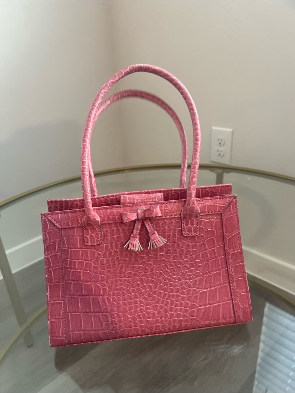 Croc-Embossed Pink Satchel with Tassel Accent